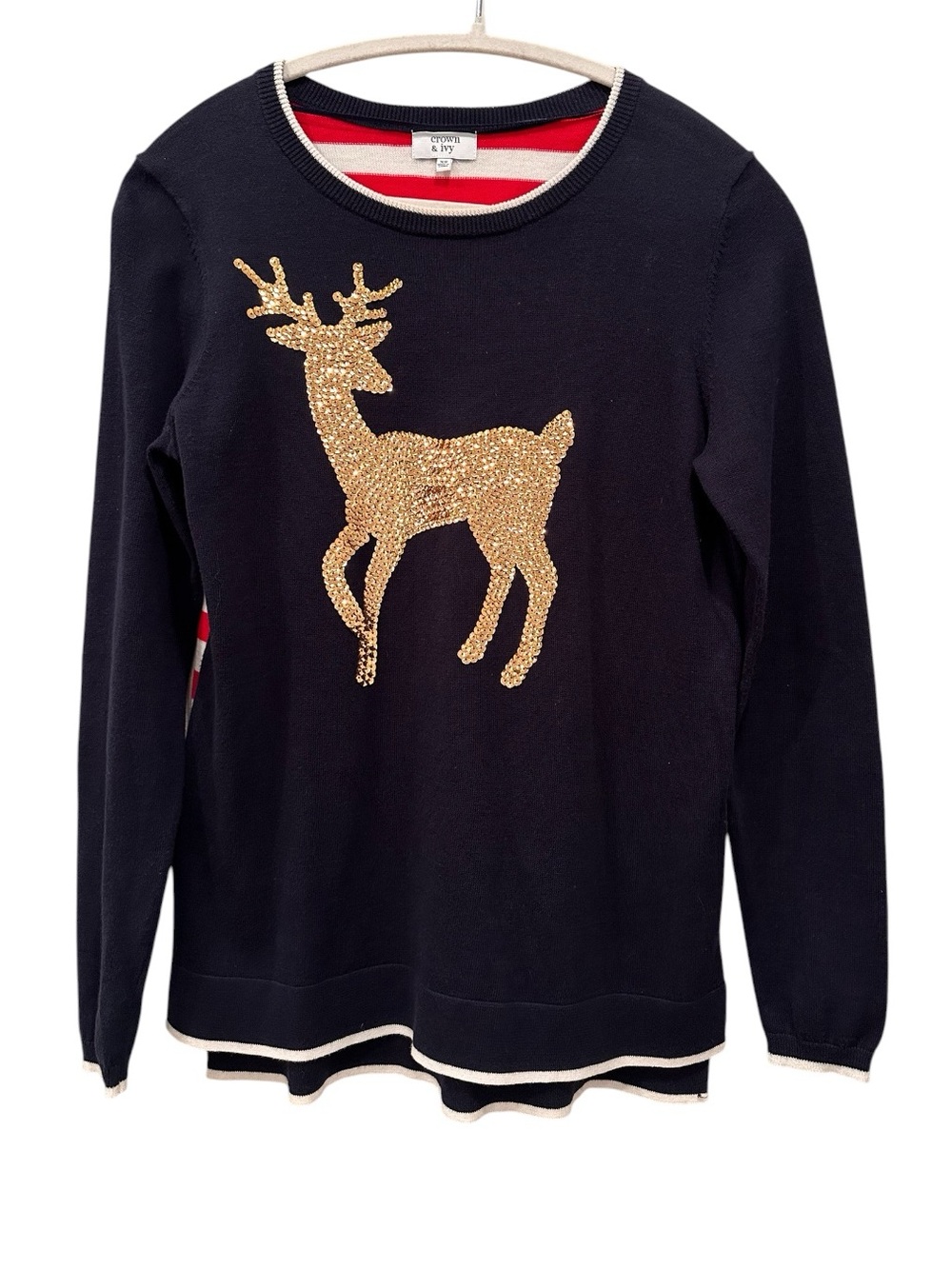 Navy Sweater Gold Sequin Reindeer Red White Striped Back Holidays XS Stretchy